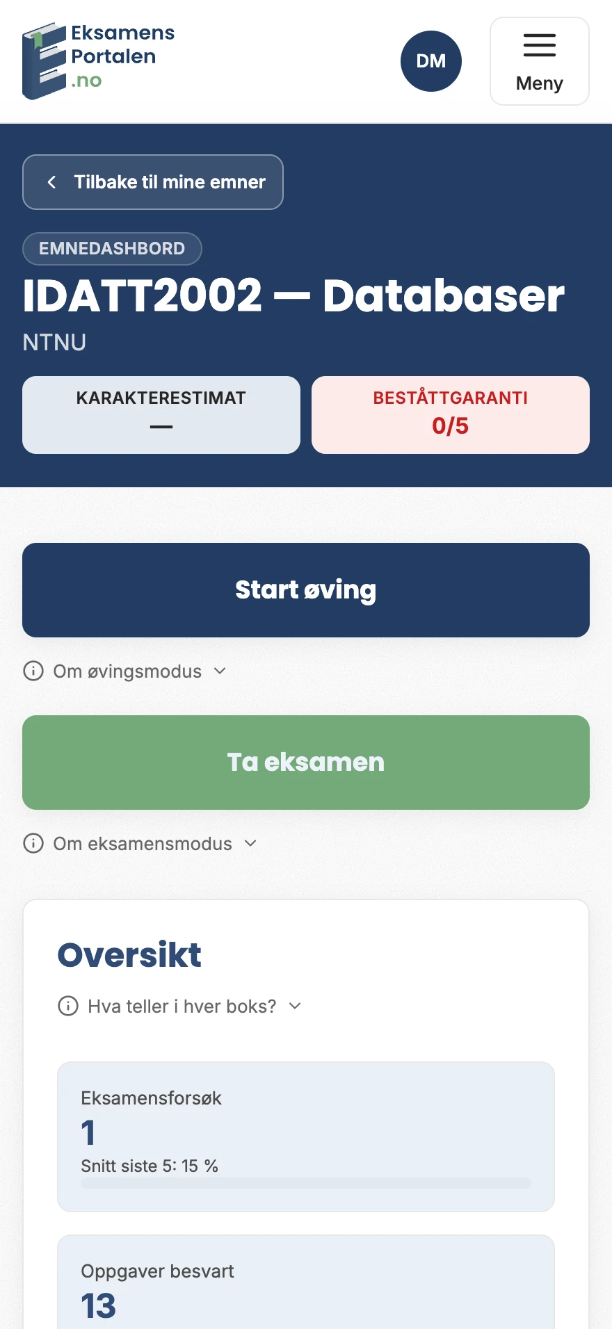 Eksamensportalen V2 — Eksamensmodus (mobil)